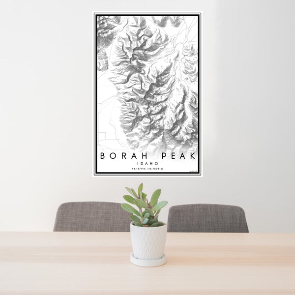 24x36 Borah Peak Idaho Map Print Portrait Orientation in Classic Style Behind 2 Chairs Table and Potted Plant