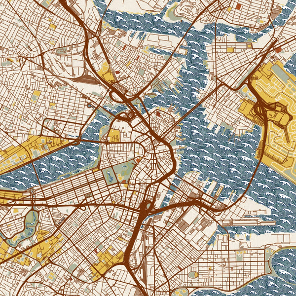 Boston - Massachusetts Map Print in Woodblock
