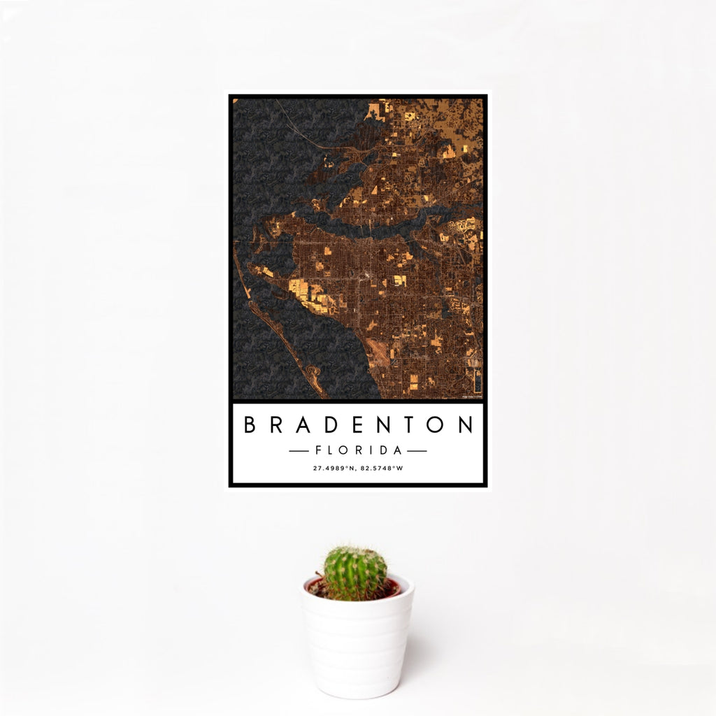 12x18 Bradenton Florida Map Print Portrait Orientation in Ember Style With Small Cactus Plant in White Planter