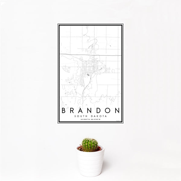 12x18 Brandon South Dakota Map Print Portrait Orientation in Classic Style With Small Cactus Plant in White Planter