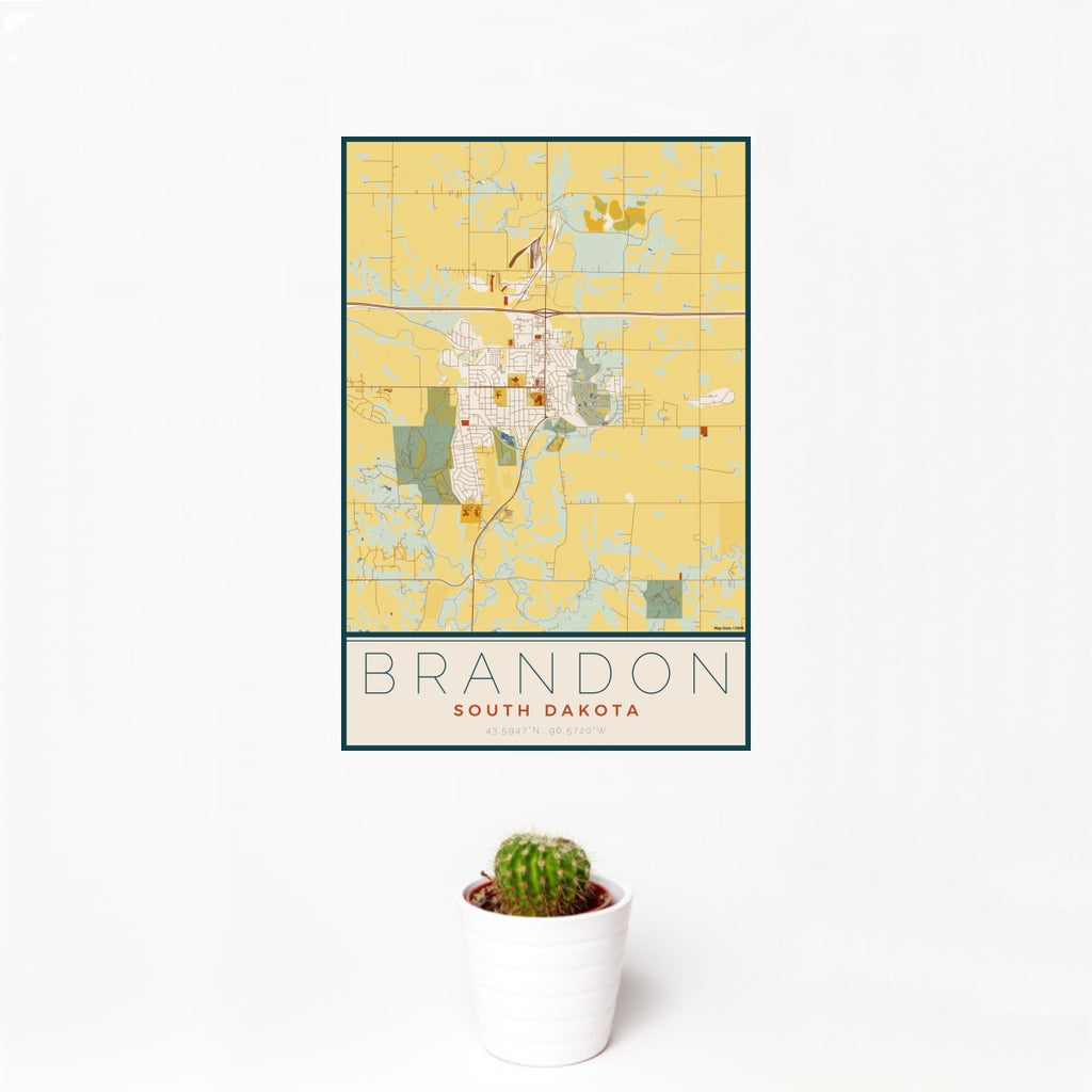12x18 Brandon South Dakota Map Print Portrait Orientation in Woodblock Style With Small Cactus Plant in White Planter