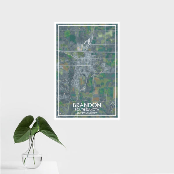 16x24 Brandon South Dakota Map Print Portrait Orientation in Afternoon Style With Tropical Plant Leaves in Water