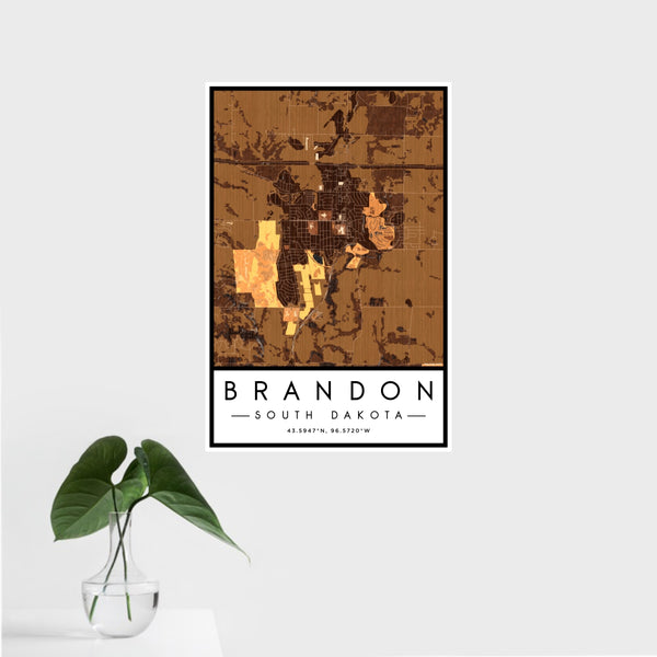 16x24 Brandon South Dakota Map Print Portrait Orientation in Ember Style With Tropical Plant Leaves in Water