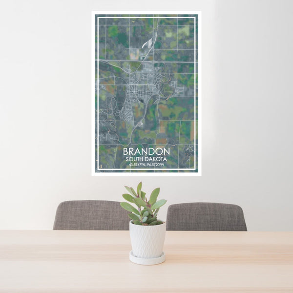 24x36 Brandon South Dakota Map Print Portrait Orientation in Afternoon Style Behind 2 Chairs Table and Potted Plant
