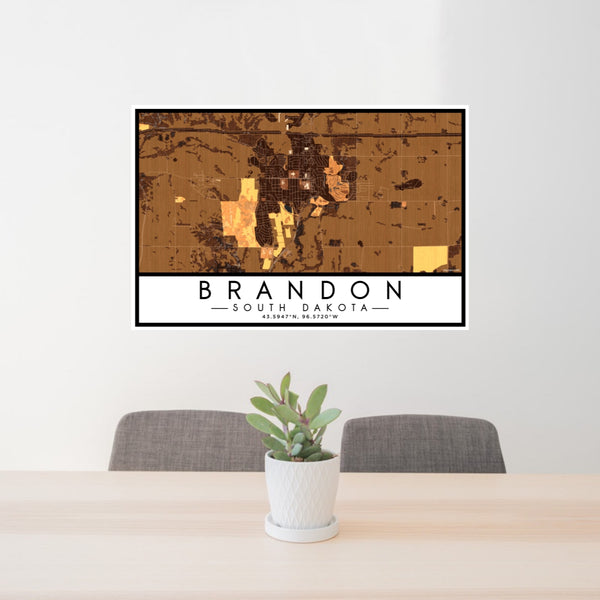24x36 Brandon South Dakota Map Print Lanscape Orientation in Ember Style Behind 2 Chairs Table and Potted Plant