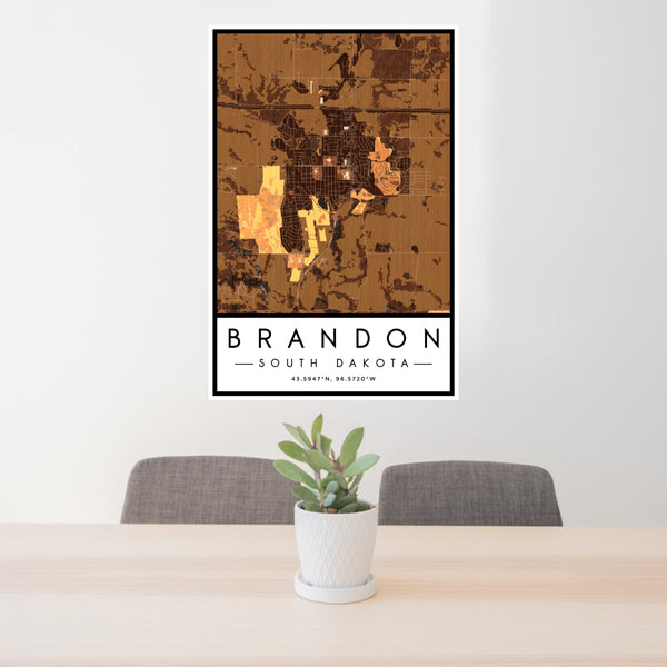 24x36 Brandon South Dakota Map Print Portrait Orientation in Ember Style Behind 2 Chairs Table and Potted Plant