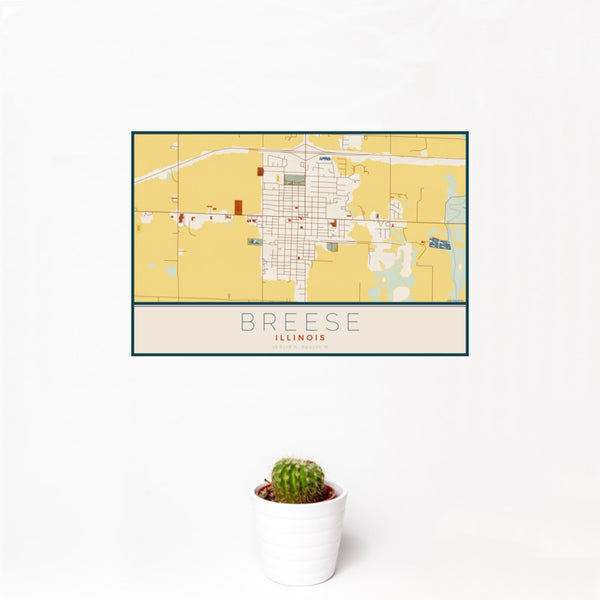 12x18 Breese Illinois Map Print Landscape Orientation in Woodblock Style With Small Cactus Plant in White Planter