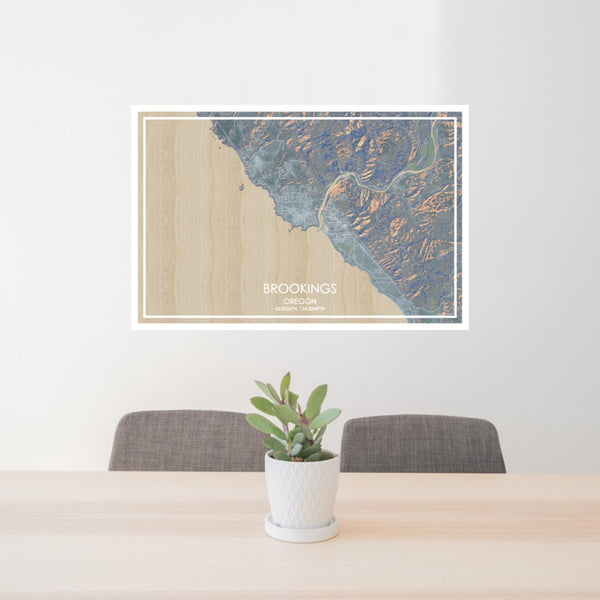 24x36 Brookings Oregon Map Print Lanscape Orientation in Afternoon Style Behind 2 Chairs Table and Potted Plant