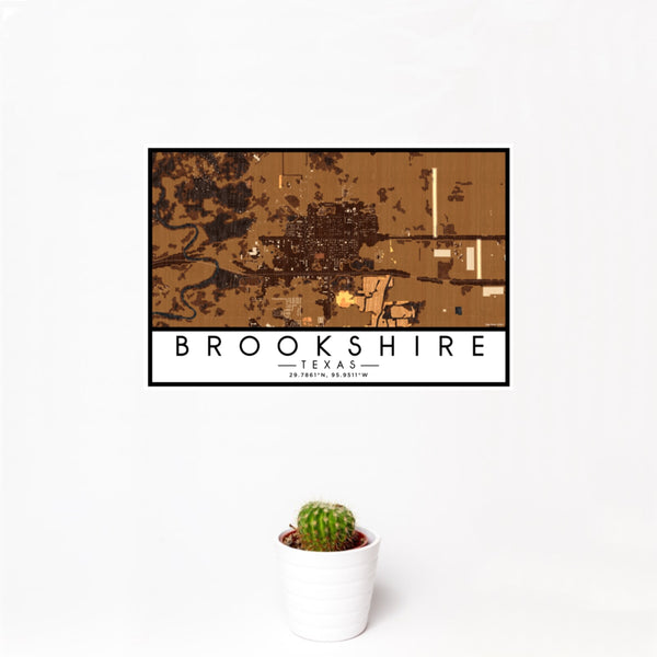 12x18 Brookshire Texas Map Print Landscape Orientation in Ember Style With Small Cactus Plant in White Planter