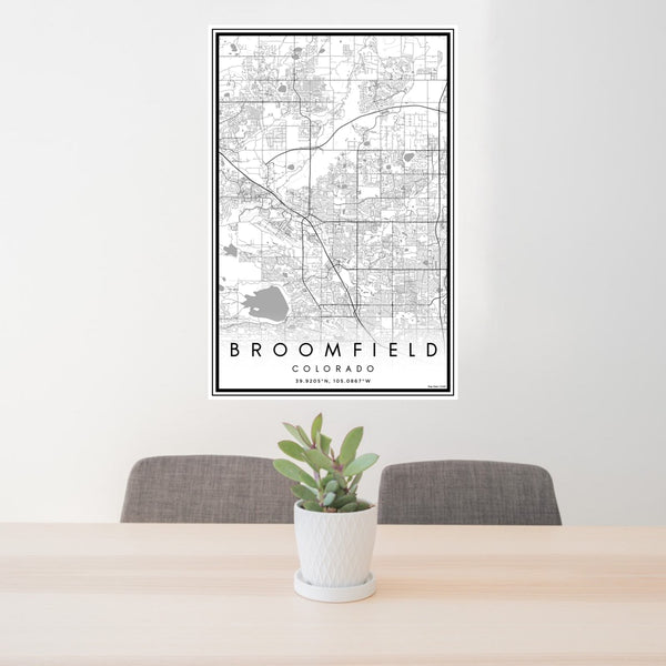 24x36 Broomfield Colorado Map Print Portrait Orientation in Classic Style Behind 2 Chairs Table and Potted Plant