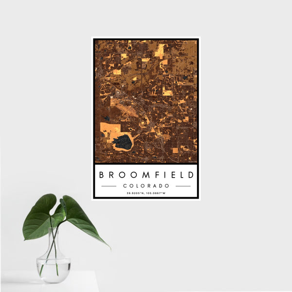 16x24 Broomfield Colorado Map Print Portrait Orientation in Ember Style With Tropical Plant Leaves in Water