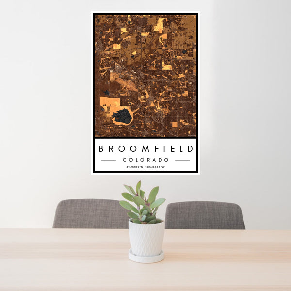 24x36 Broomfield Colorado Map Print Portrait Orientation in Ember Style Behind 2 Chairs Table and Potted Plant