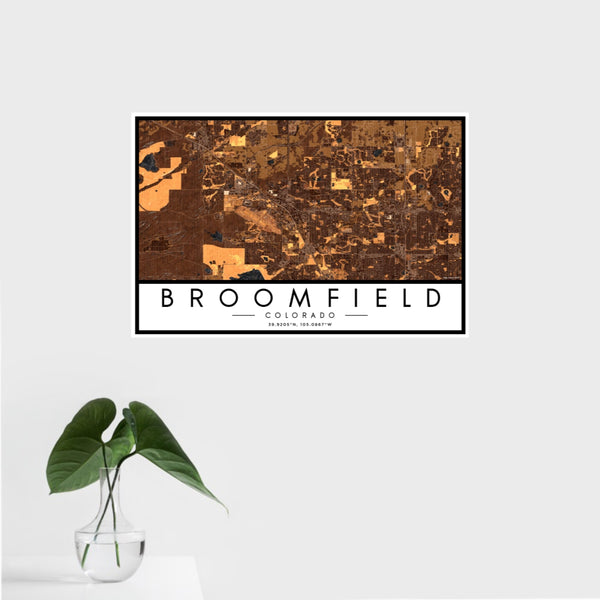 16x24 Broomfield Colorado Map Print Landscape Orientation in Ember Style With Tropical Plant Leaves in Water