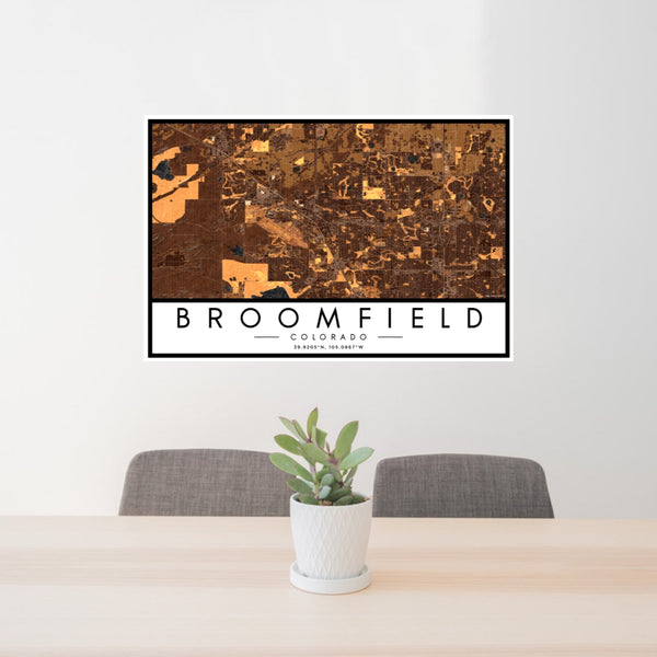24x36 Broomfield Colorado Map Print Landscape Orientation in Ember Style Behind 2 Chairs Table and Potted Plant