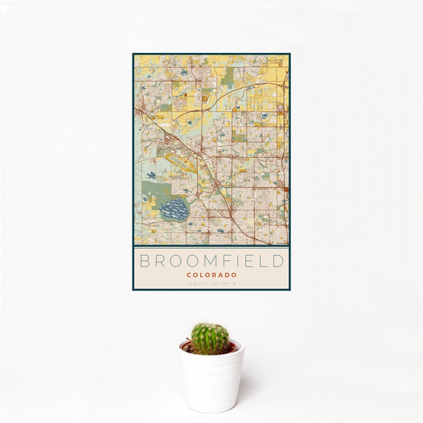 12x18 Broomfield Colorado Map Print Portrait Orientation in Woodblock Style With Small Cactus Plant in White Planter