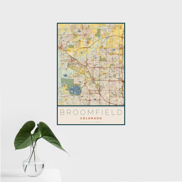 16x24 Broomfield Colorado Map Print Portrait Orientation in Woodblock Style With Tropical Plant Leaves in Water