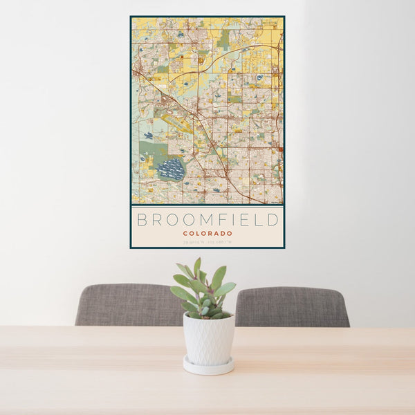 24x36 Broomfield Colorado Map Print Portrait Orientation in Woodblock Style Behind 2 Chairs Table and Potted Plant