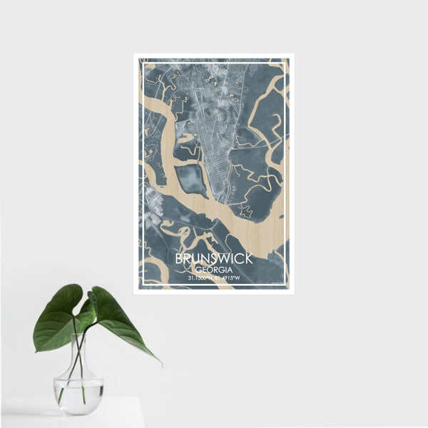 16x24 Brunswick Georgia Map Print Portrait Orientation in Afternoon Style With Tropical Plant Leaves in Water