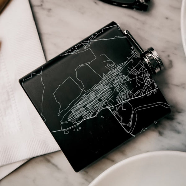 Brunswick Georgia Custom Engraved City Map Inscription Coordinates on 6oz Stainless Steel Flask in Black