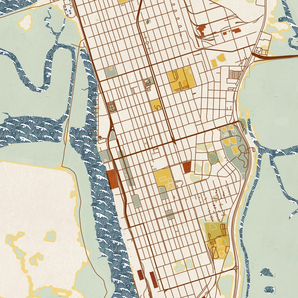 Brunswick Georgia Map Print in Woodblock Style Zoomed In Close Up Showing Details