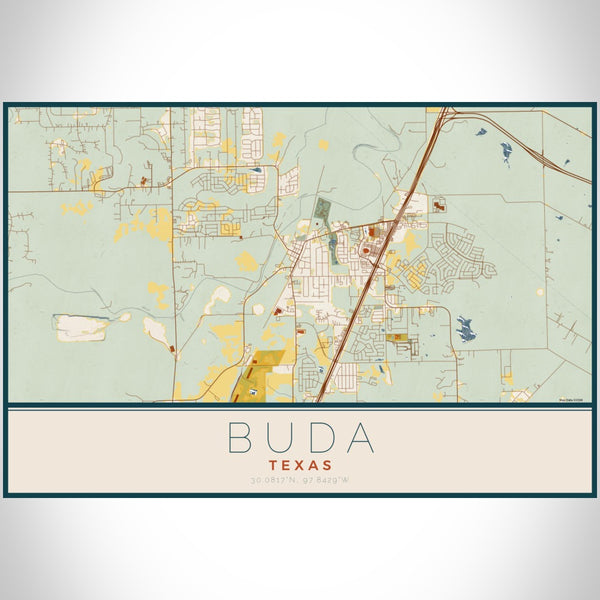 Buda - Texas Map Print in Woodblock