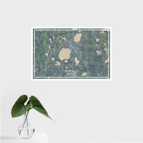 16x24 Buffalo Minnesota Map Print Landscape Orientation in Afternoon Style With Tropical Plant Leaves in Water