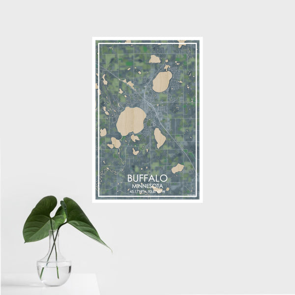 16x24 Buffalo Minnesota Map Print Portrait Orientation in Afternoon Style With Tropical Plant Leaves in Water