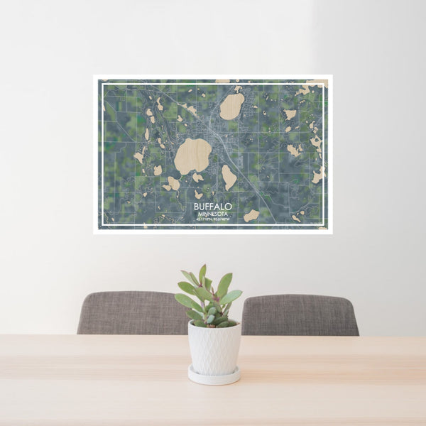 24x36 Buffalo Minnesota Map Print Lanscape Orientation in Afternoon Style Behind 2 Chairs Table and Potted Plant