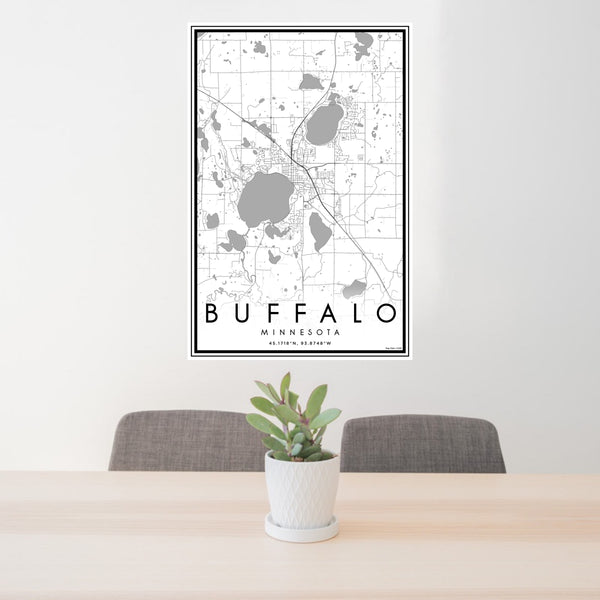24x36 Buffalo Minnesota Map Print Portrait Orientation in Classic Style Behind 2 Chairs Table and Potted Plant