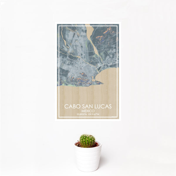 12x18 Cabo San Lucas Mexico Map Print Portrait Orientation in Afternoon Style With Small Cactus Plant in White Planter
