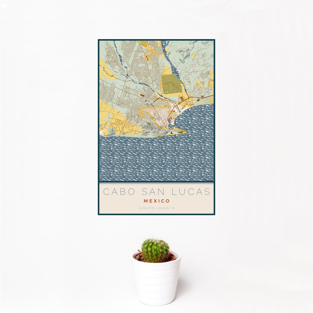 12x18 Cabo San Lucas Mexico Map Print Portrait Orientation in Woodblock Style With Small Cactus Plant in White Planter