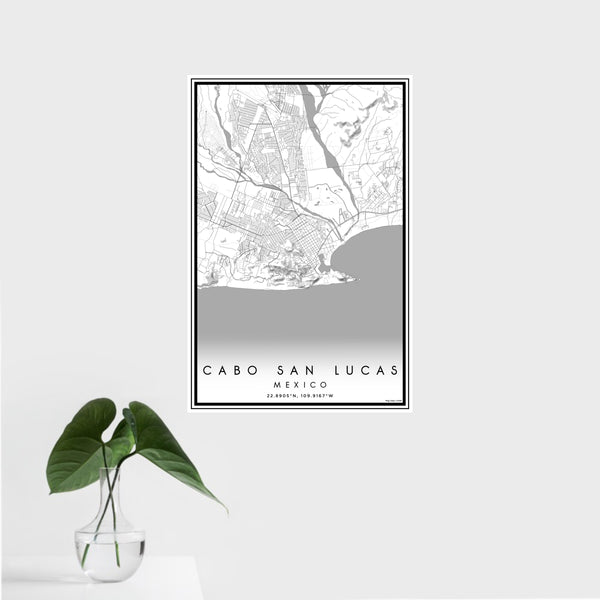 16x24 Cabo San Lucas Mexico Map Print Portrait Orientation in Classic Style With Tropical Plant Leaves in Water