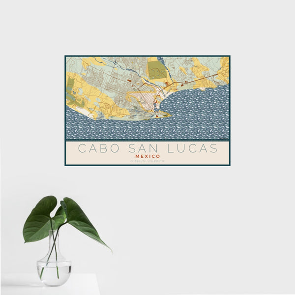 16x24 Cabo San Lucas Mexico Map Print Landscape Orientation in Woodblock Style With Tropical Plant Leaves in Water