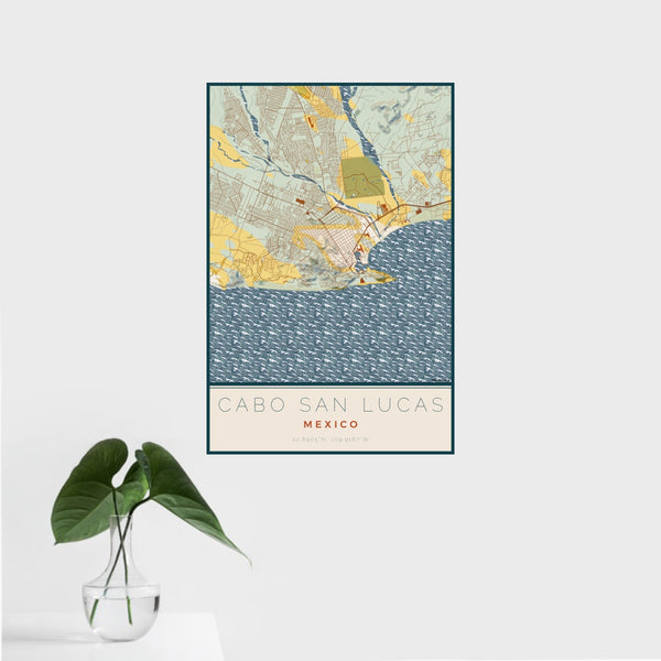 16x24 Cabo San Lucas Mexico Map Print Portrait Orientation in Woodblock Style With Tropical Plant Leaves in Water
