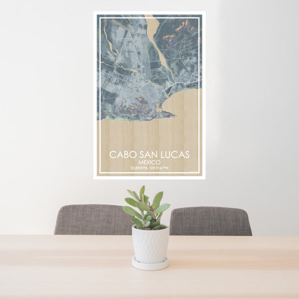 24x36 Cabo San Lucas Mexico Map Print Portrait Orientation in Afternoon Style Behind 2 Chairs Table and Potted Plant