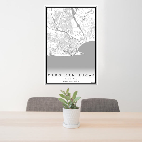 24x36 Cabo San Lucas Mexico Map Print Portrait Orientation in Classic Style Behind 2 Chairs Table and Potted Plant