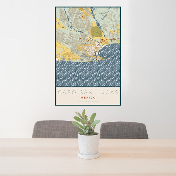 24x36 Cabo San Lucas Mexico Map Print Portrait Orientation in Woodblock Style Behind 2 Chairs Table and Potted Plant