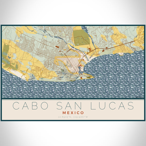 Cabo San Lucas Mexico Map Print Landscape Orientation in Woodblock Style With Shaded Background
