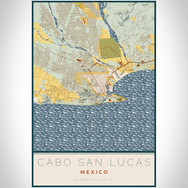 Cabo San Lucas Mexico Map Print Portrait Orientation in Woodblock Style With Shaded Background