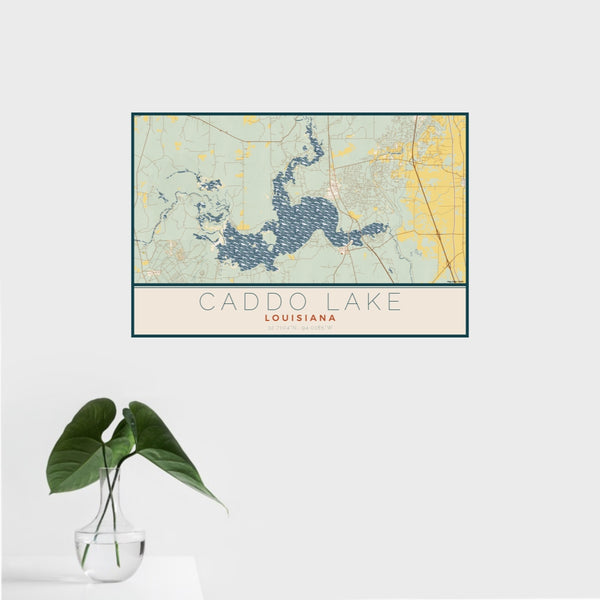 16x24 Caddo lake Louisiana Map Print Landscape Orientation in Woodblock Style With Tropical Plant Leaves in Water