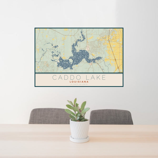 24x36 Caddo lake Louisiana Map Print Lanscape Orientation in Woodblock Style Behind 2 Chairs Table and Potted Plant