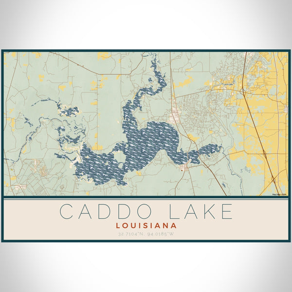 Caddo lake Louisiana Map Print Landscape Orientation in Woodblock Style With Shaded Background