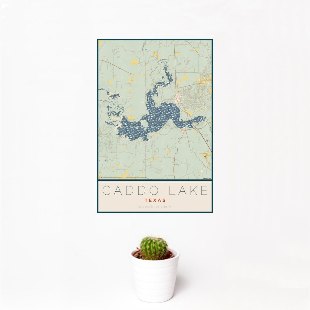 12x18 Caddo lake Texas Map Print Portrait Orientation in Woodblock Style With Small Cactus Plant in White Planter
