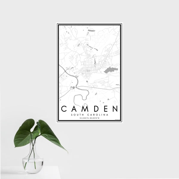 16x24 Camden South Carolina Map Print Portrait Orientation in Classic Style With Tropical Plant Leaves in Water