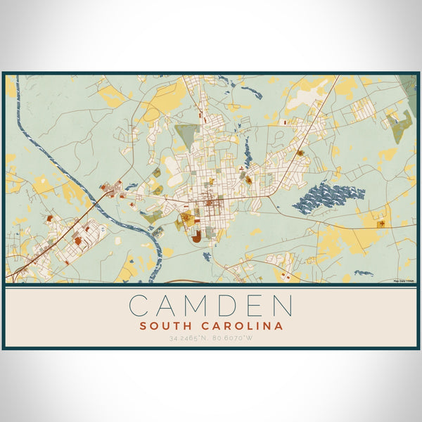 Camden South Carolina Map Print Landscape Orientation in Woodblock Style With Shaded Background