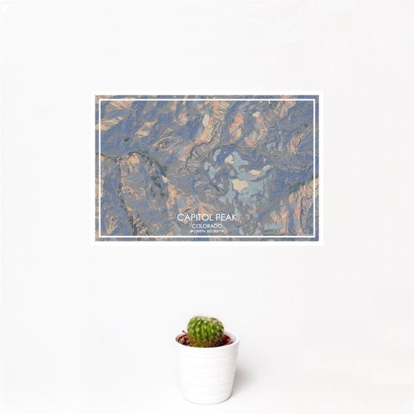 12x18 Capitol Peak Colorado Map Print Landscape Orientation in Afternoon Style With Small Cactus Plant in White Planter