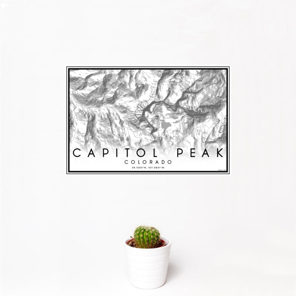 12x18 Capitol Peak Colorado Map Print Landscape Orientation in Classic Style With Small Cactus Plant in White Planter