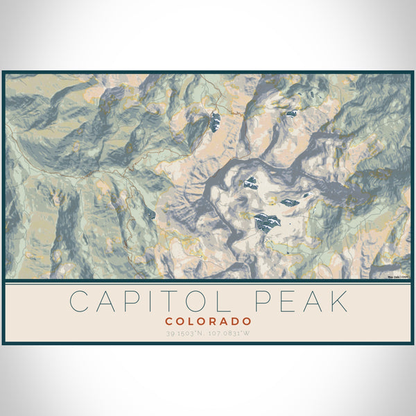 Capitol Peak Colorado Map Print Landscape Orientation in Woodblock Style With Shaded Background