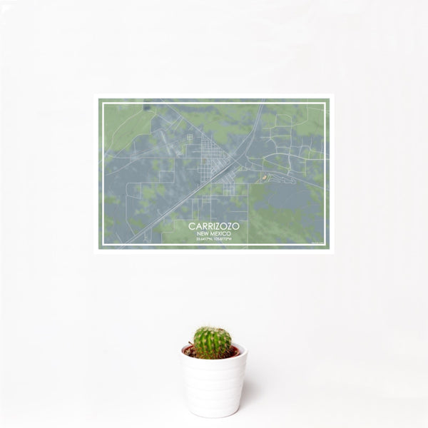 12x18 Carrizozo New Mexico Map Print Landscape Orientation in Afternoon Style With Small Cactus Plant in White Planter
