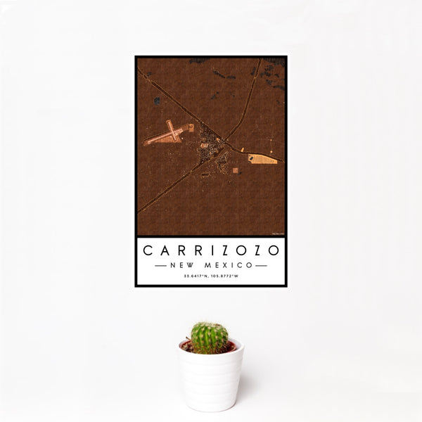 12x18 Carrizozo New Mexico Map Print Portrait Orientation in Ember Style With Small Cactus Plant in White Planter